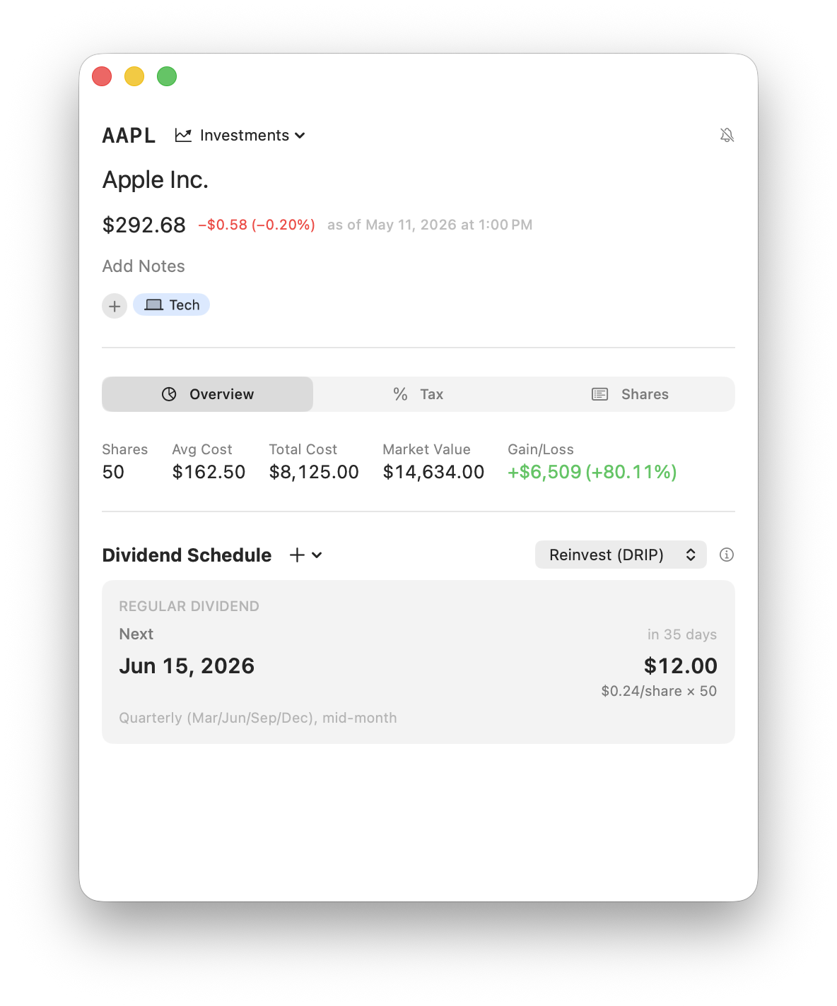 AAPL detail view — live quote, cost basis, DRIP setting, dividend schedule