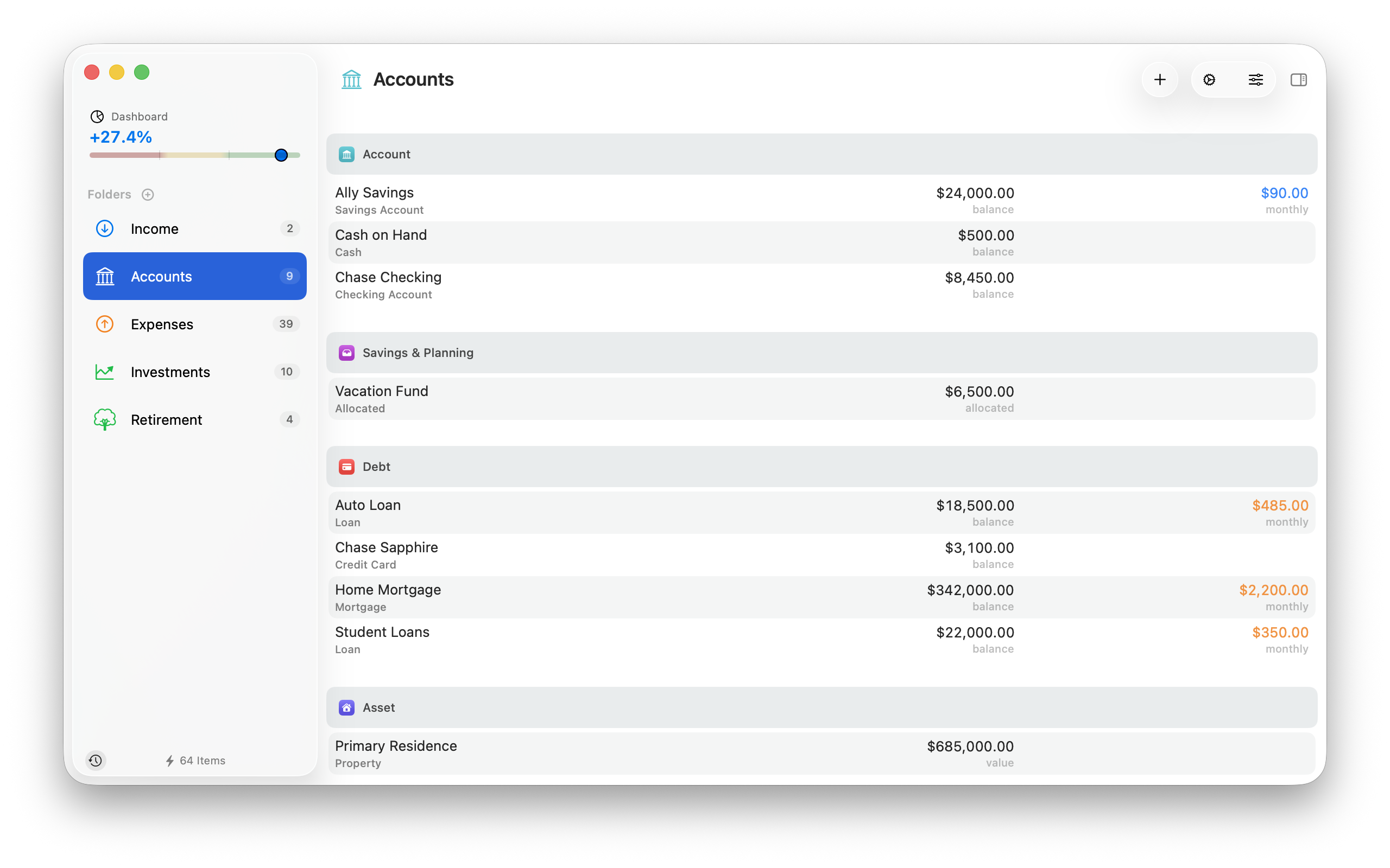 Accounts folder — accounts, debts, assets, buckets