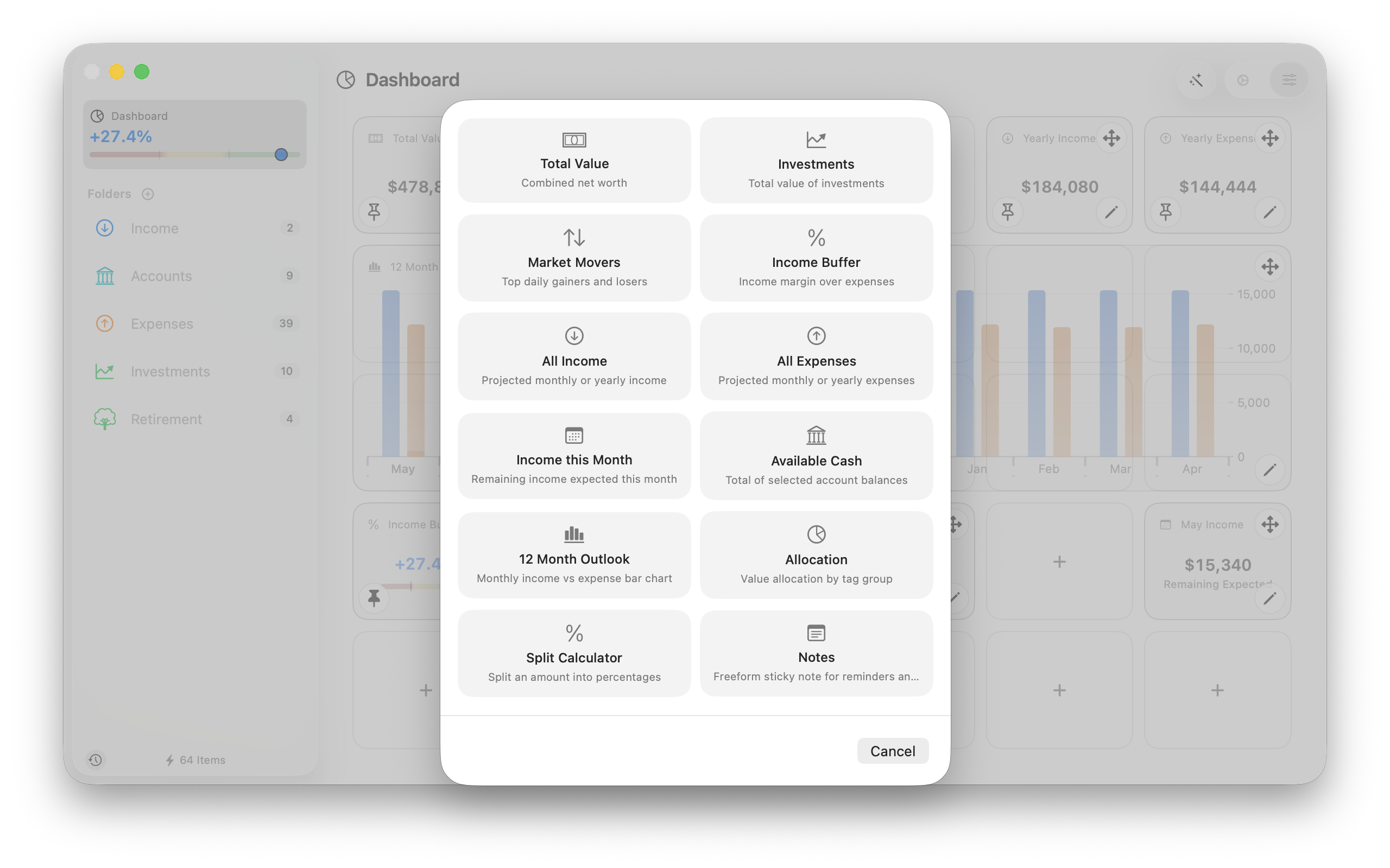 Widget picker open over a dashboard — compose the view you want