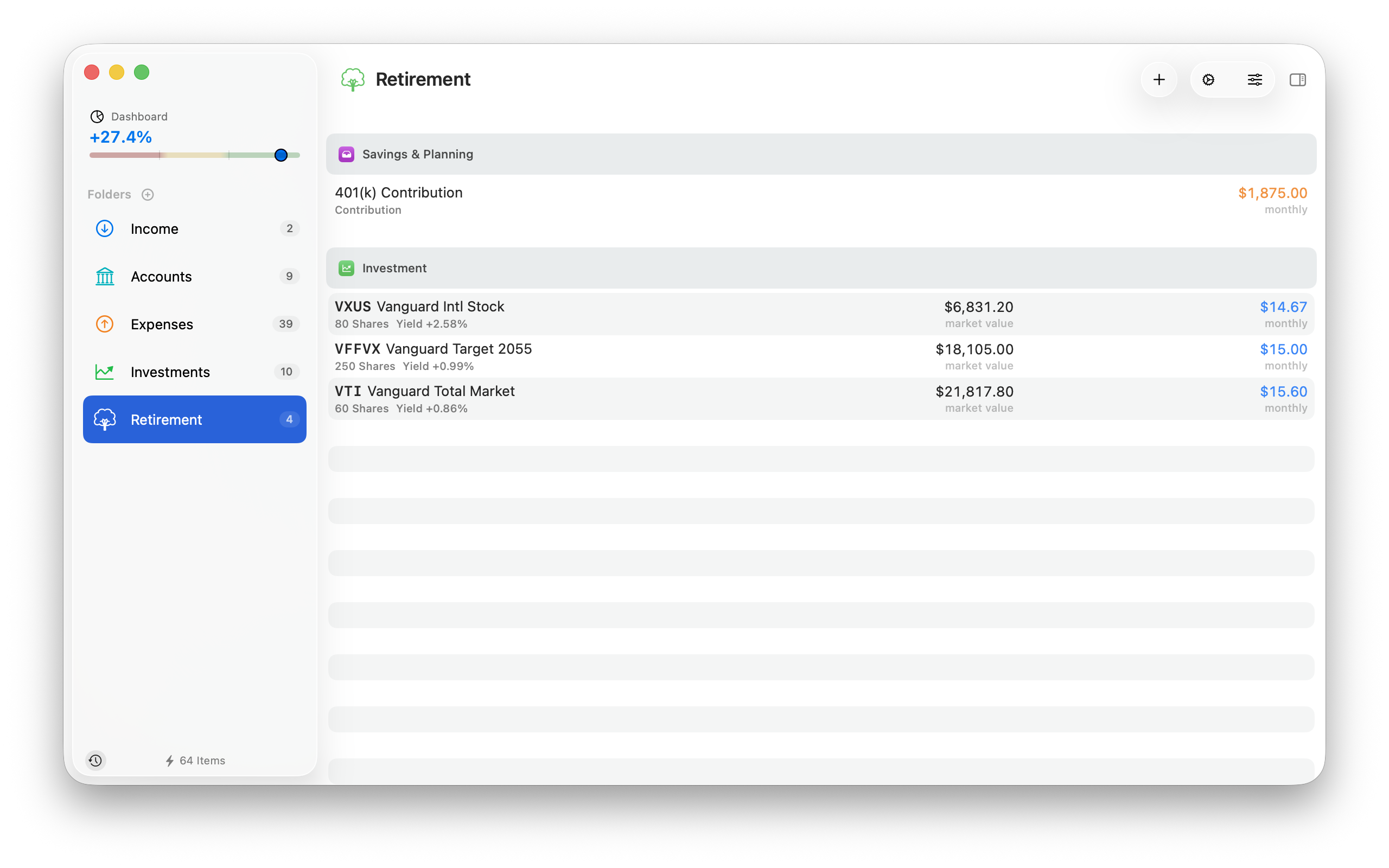 Retirement folder with contributions and investments